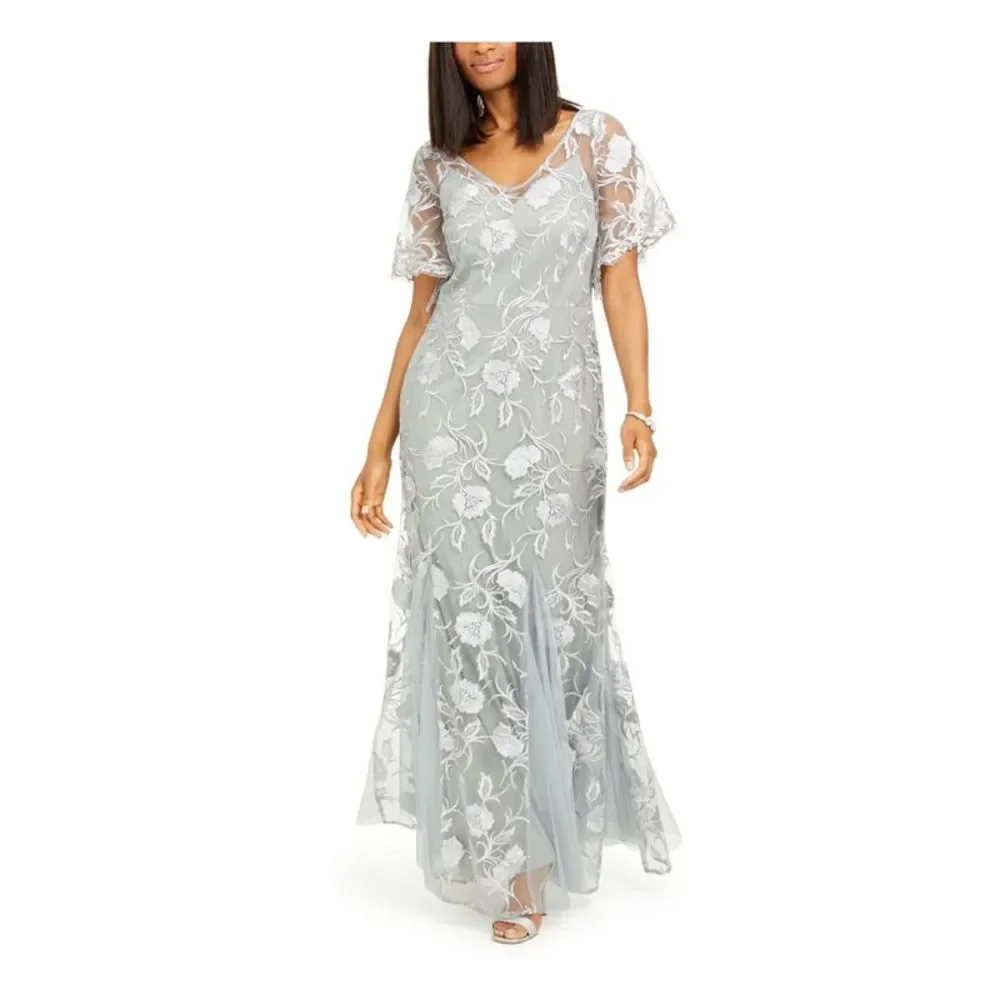 ALEX EVENINGS Womens Gray Flutter Sleeve Full-Length Gown Dress Petites 6P - Picture 1 of 4